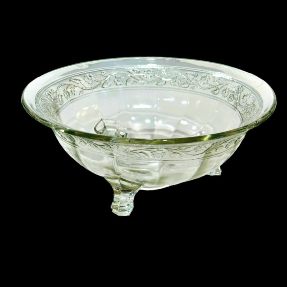 Vintage Floral Etched Glass Three Footed Bowl 8 3/4 Inch Mid-Century MCM